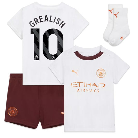 Manchester City Away Kids kit Puma 2023-24 with Grealish 10 printing Jersey - White