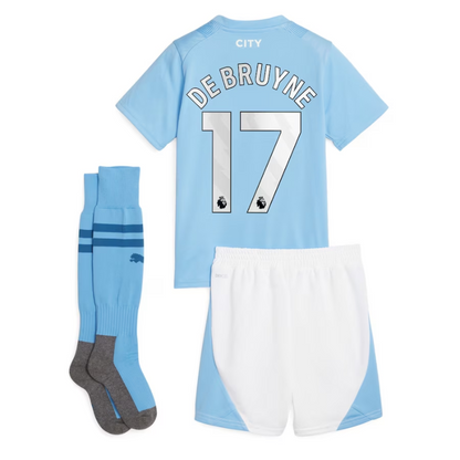 Manchester City Home Kids Kit Puma 2023-24 De Bruyne 17 printing Jersey  - Blue